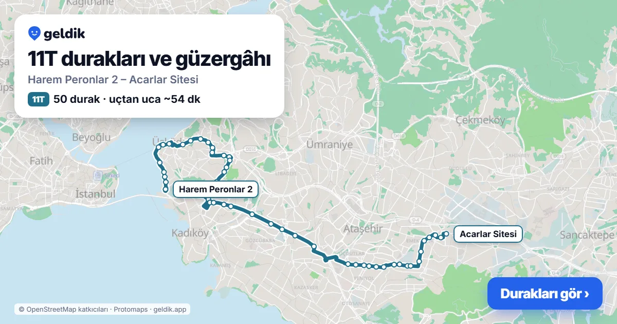 11T bus route map: Harem Peronlar 2 – Acarlar Sitesi, 50 stops