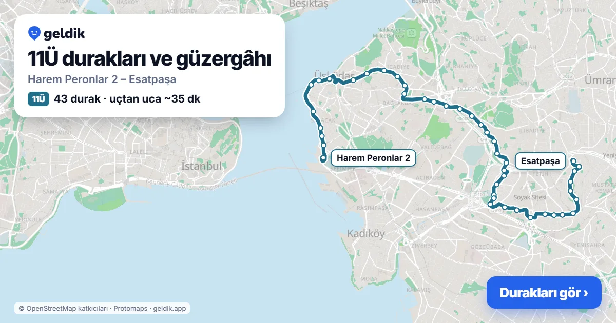 11Ü otobüs güzergâhı haritası: Harem Peronlar 2 – Esatpaşa, 43 durak