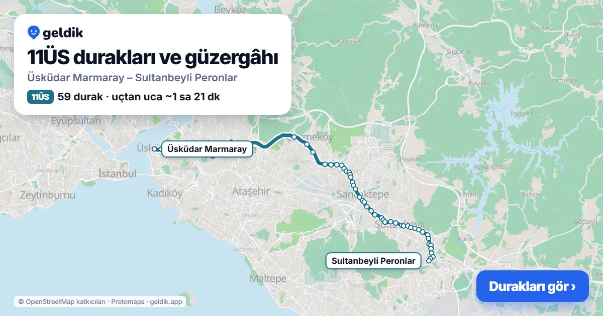 11ÜS otobüs güzergâhı haritası: Üsküdar Marmaray – Sultanbeyli Peronlar, 59 durak