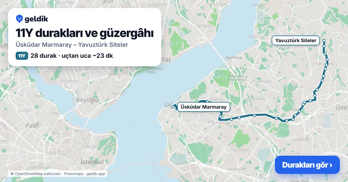 11Y otobüs güzergâhı haritası: Üsküdar Marmaray – Yavuztürk Siteler, 28 durak