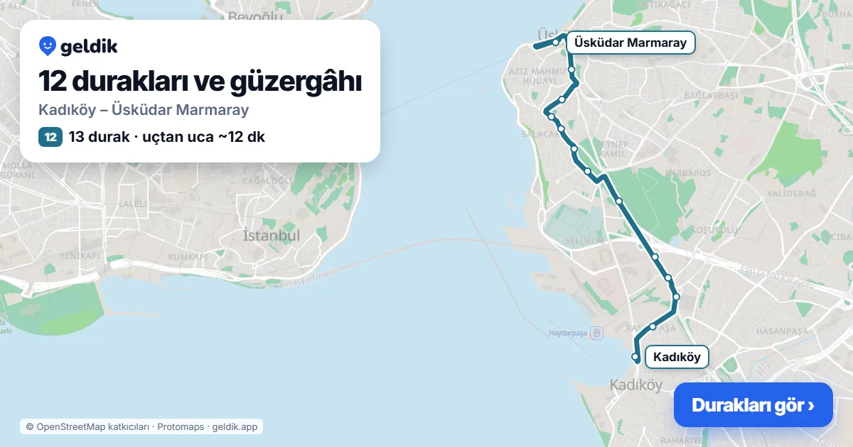 12 otobüs güzergâhı haritası: Kadıköy – Üsküdar Marmaray, 13 durak