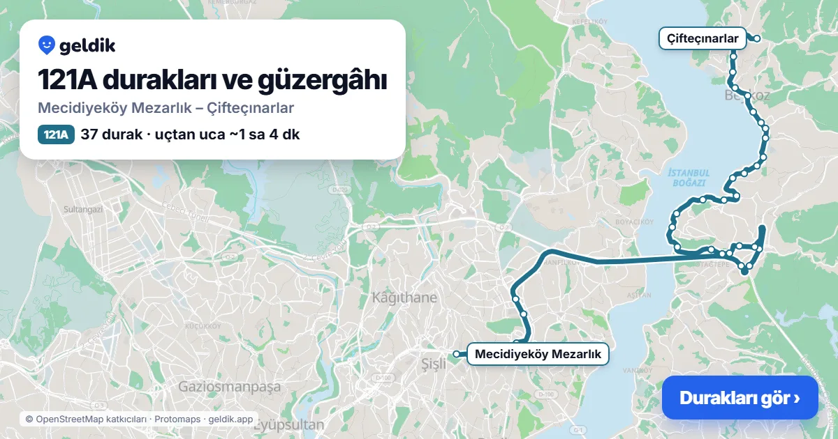121A otobüs güzergâhı haritası: Mecidiyeköy Mezarlık – Çifteçınarlar, 37 durak