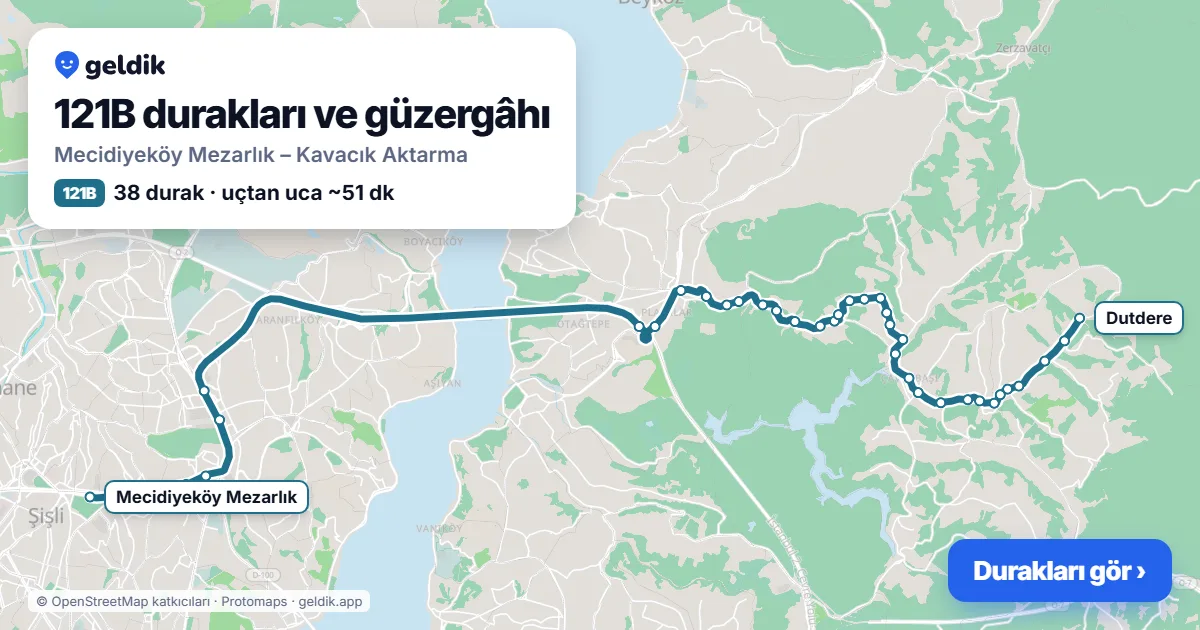 121B otobüs güzergâhı haritası: Mecidiyeköy Mezarlık – Kavacık Aktarma, 38 durak