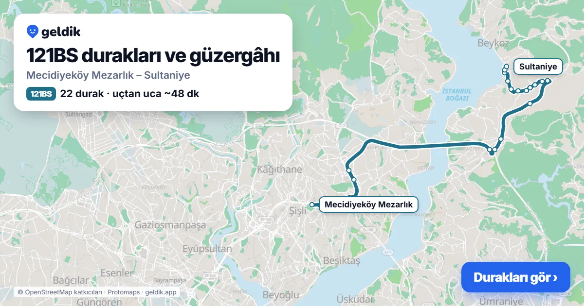 121BS otobüs güzergâhı haritası: Mecidiyeköy Mezarlık – Sultaniye, 22 durak