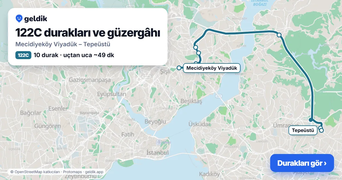 122C otobüs güzergâhı haritası: Mecidiyeköy Viyadük – Tepeüstü, 10 durak