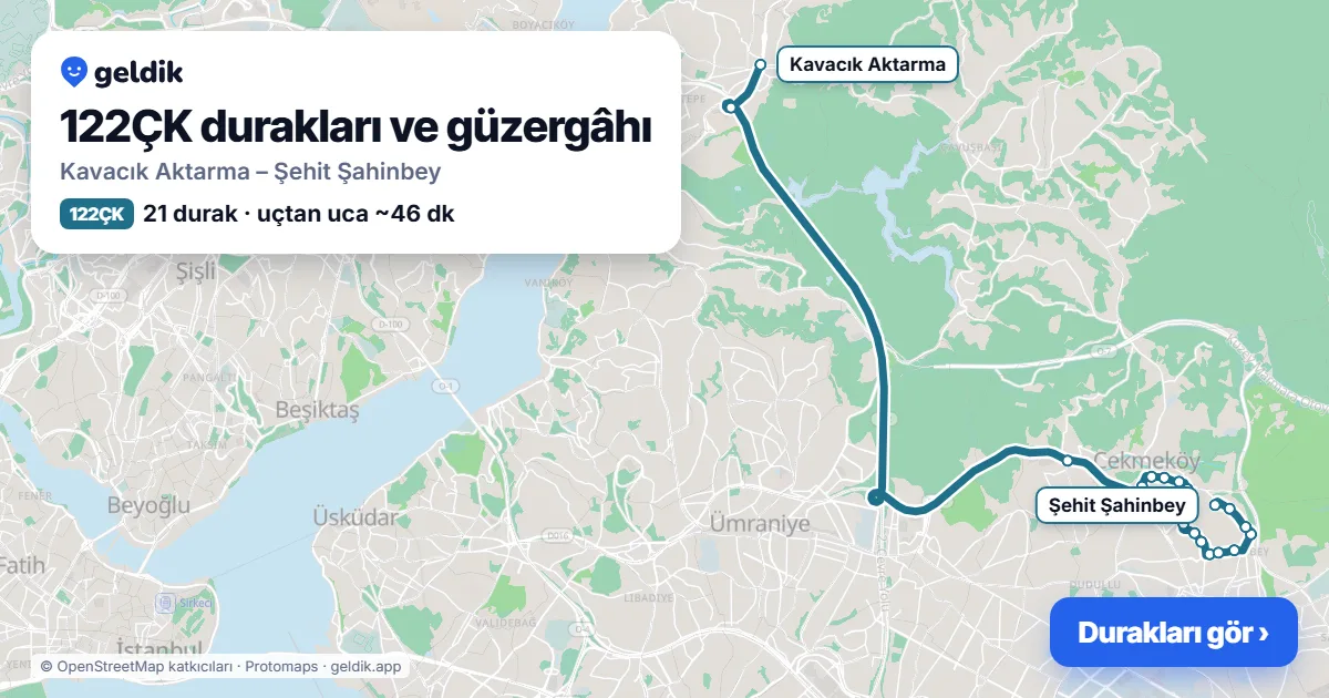 122ÇK otobüs güzergâhı haritası: Kavacık Aktarma – Şehit Şahinbey, 21 durak