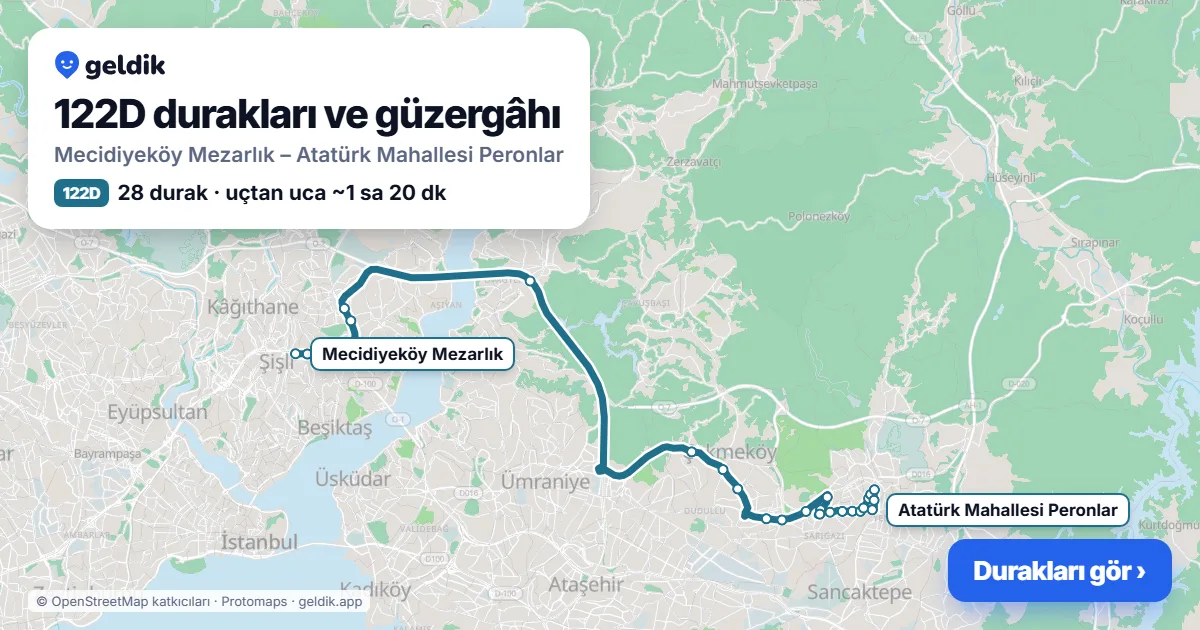 122D otobüs güzergâhı haritası: Mecidiyeköy Mezarlık – Atatürk Mahallesi Peronlar, 28 durak