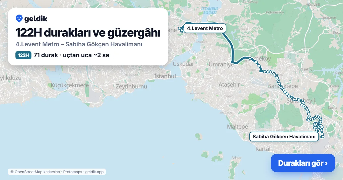 122H otobüs güzergâhı haritası: 4.Levent Metro – Sabiha Gökçen Havalimanı, 71 durak