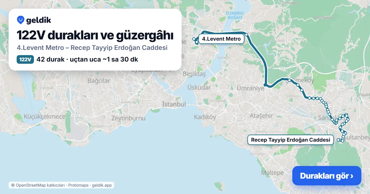 122V otobüs güzergâhı haritası: 4.Levent Metro – Recep Tayyip Erdoğan Caddesi, 42 durak