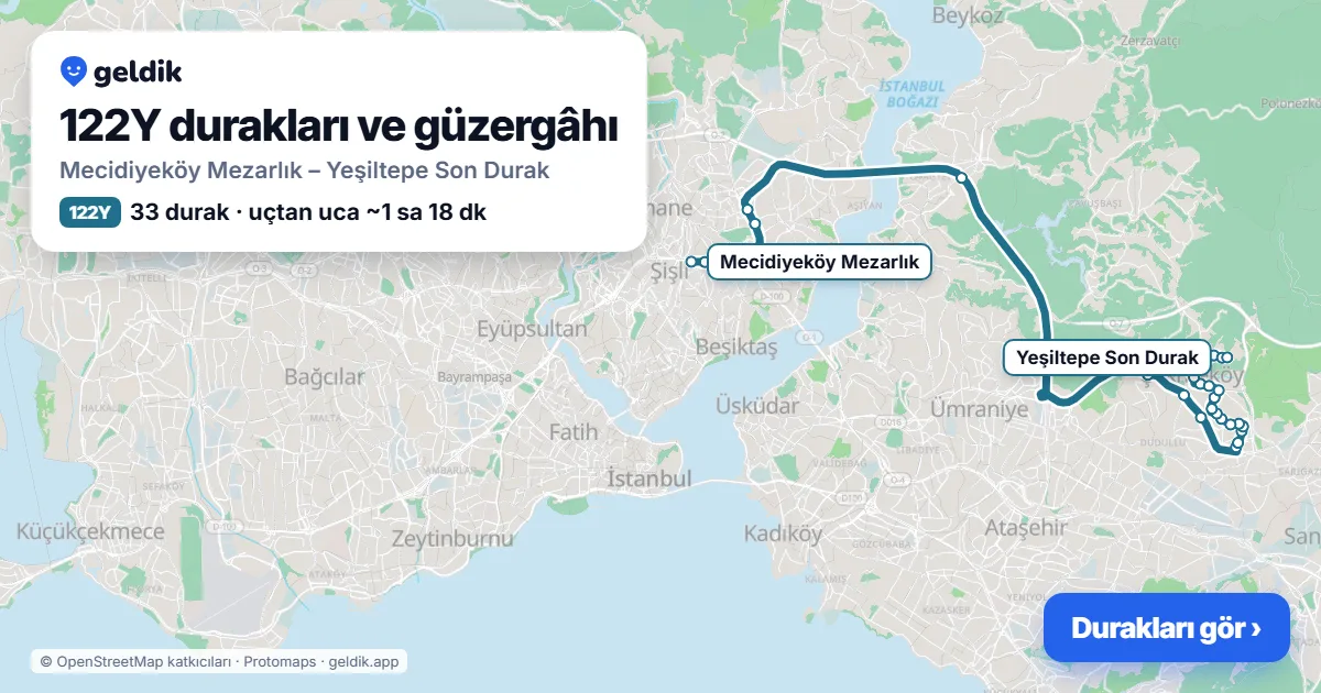 122Y otobüs güzergâhı haritası: Mecidiyeköy Mezarlık – Yeşiltepe Son Durak, 33 durak
