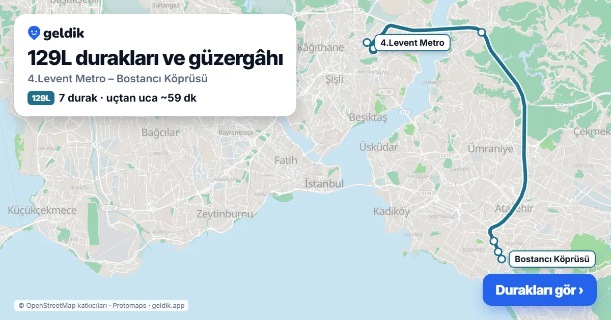129L otobüs güzergâhı haritası: 4.Levent Metro – Bostancı Köprüsü, 7 durak