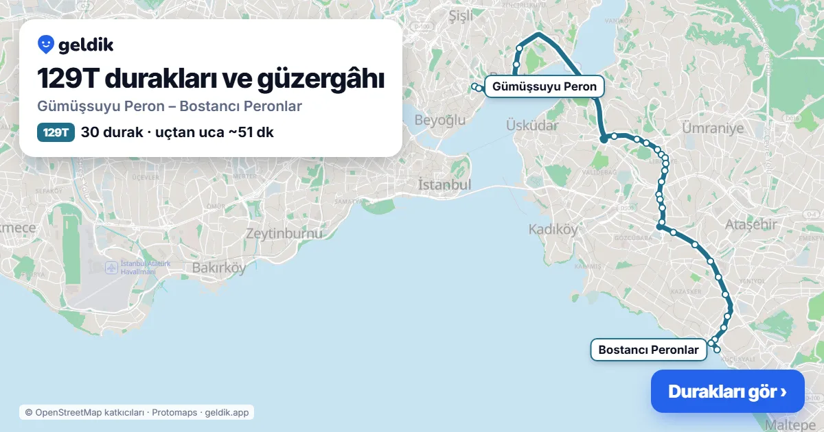 129T otobüs güzergâhı haritası: Gümüşsuyu Peron – Bostancı Peronlar, 30 durak