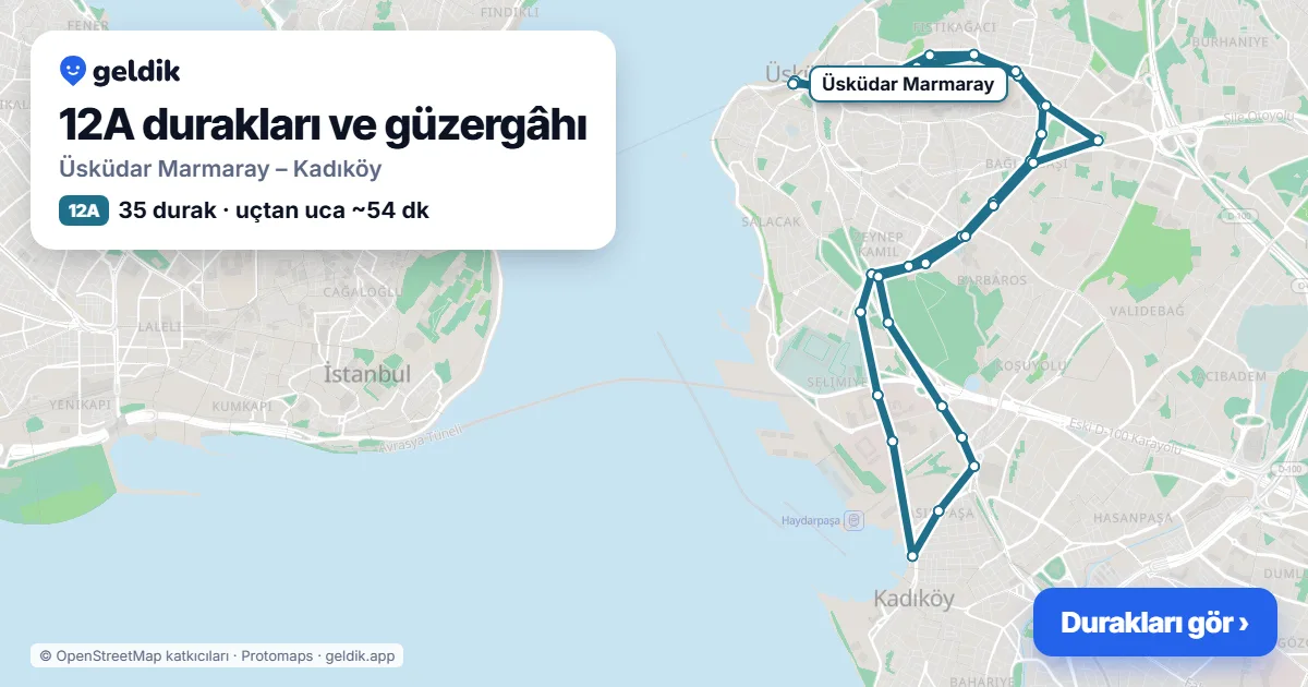 12A otobüs güzergâhı haritası: Üsküdar Marmaray – Kadıköy, 35 durak