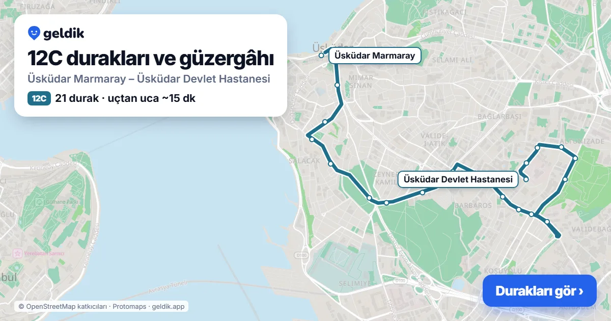 12C otobüs güzergâhı haritası: Üsküdar Marmaray – Üsküdar Devlet Hastanesi, 21 durak