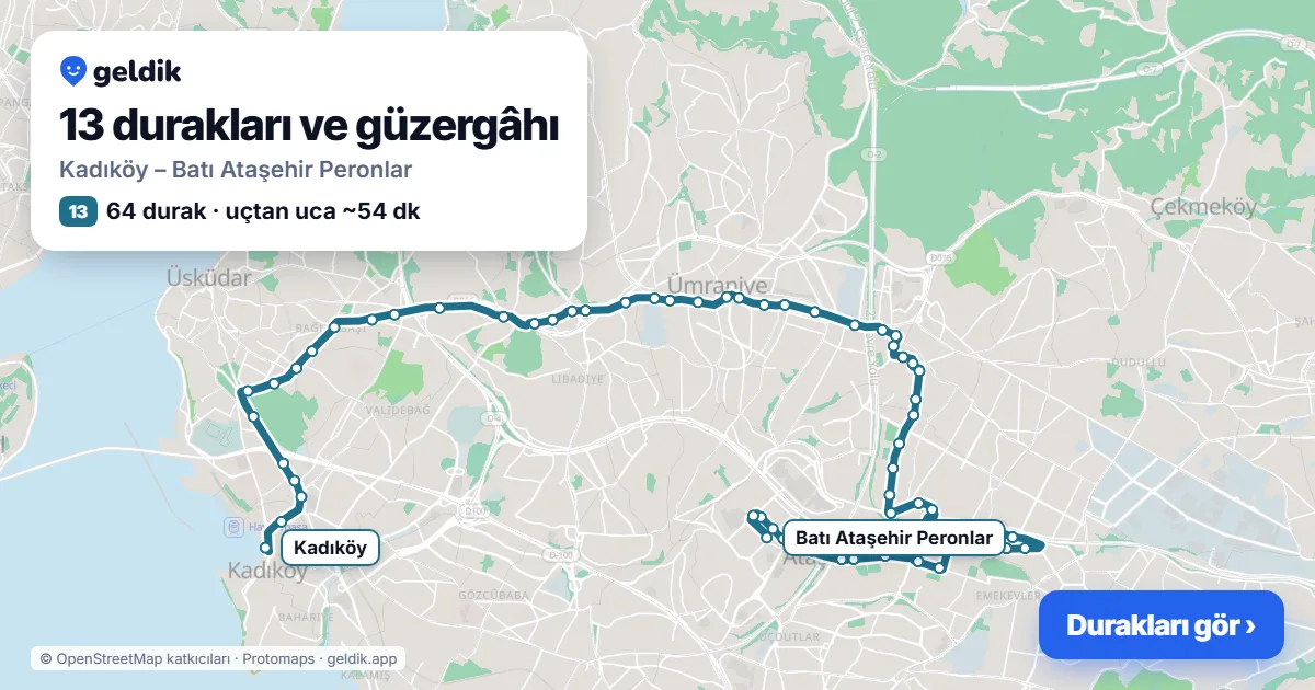 13 otobüs güzergâhı haritası: Kadıköy – Batı Ataşehir Peronlar, 64 durak