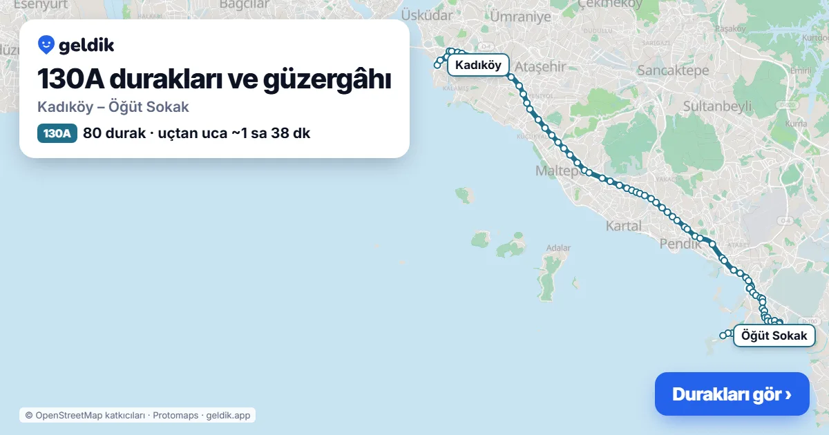 130A otobüs güzergâhı haritası: Kadıköy – Öğüt Sokak, 80 durak