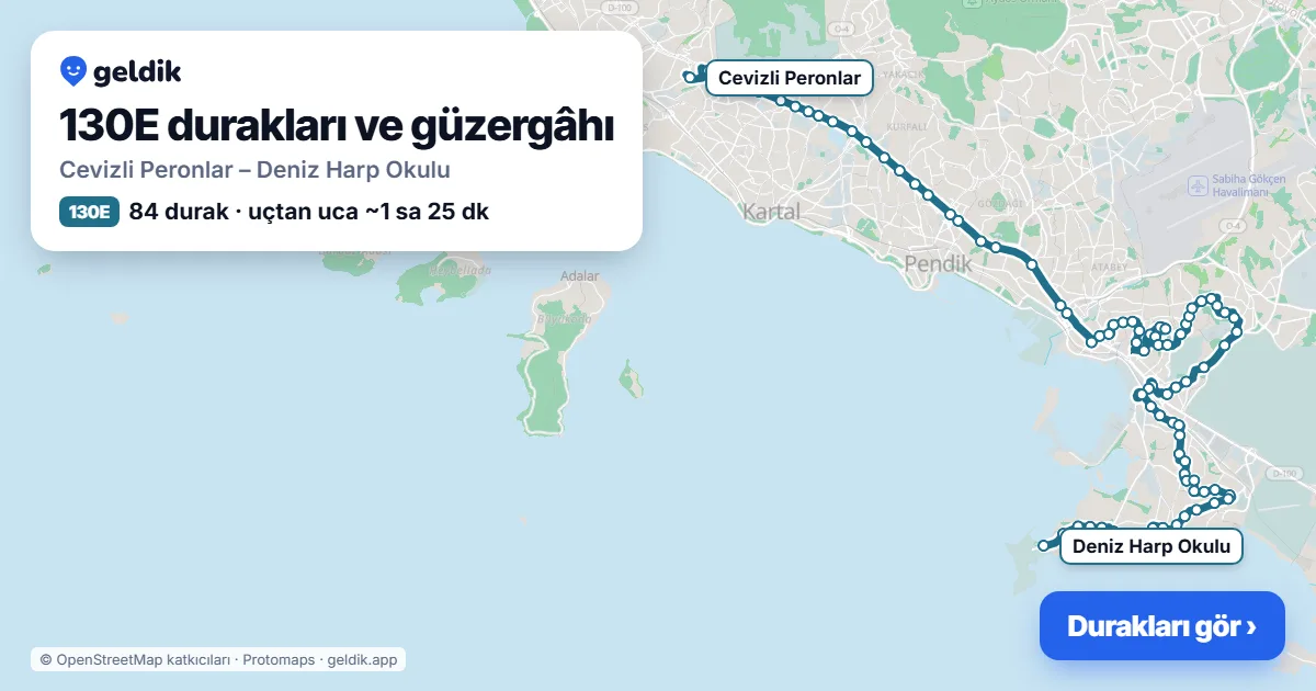 130E otobüs güzergâhı haritası: Cevizli Peronlar – Deniz Harp Okulu, 84 durak