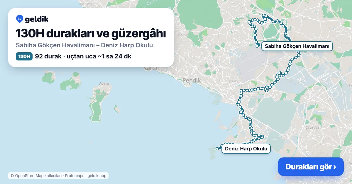 130H otobüs güzergâhı haritası: Sabiha Gökçen Havalimanı – Deniz Harp Okulu, 92 durak