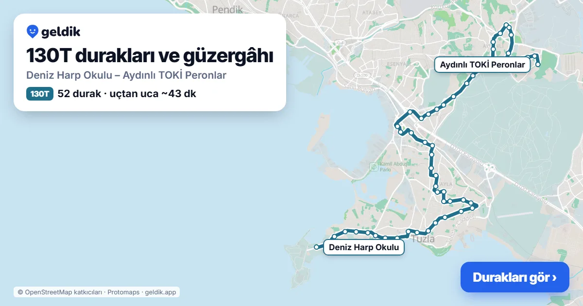 130T otobüs güzergâhı haritası: Deniz Harp Okulu – Aydınlı TOKİ Peronlar, 52 durak
