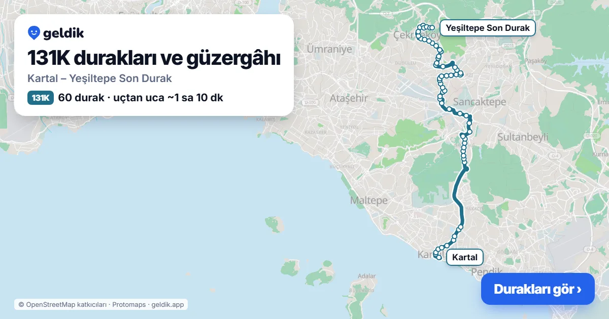 131K otobüs güzergâhı haritası: Kartal – Yeşiltepe Son Durak, 60 durak