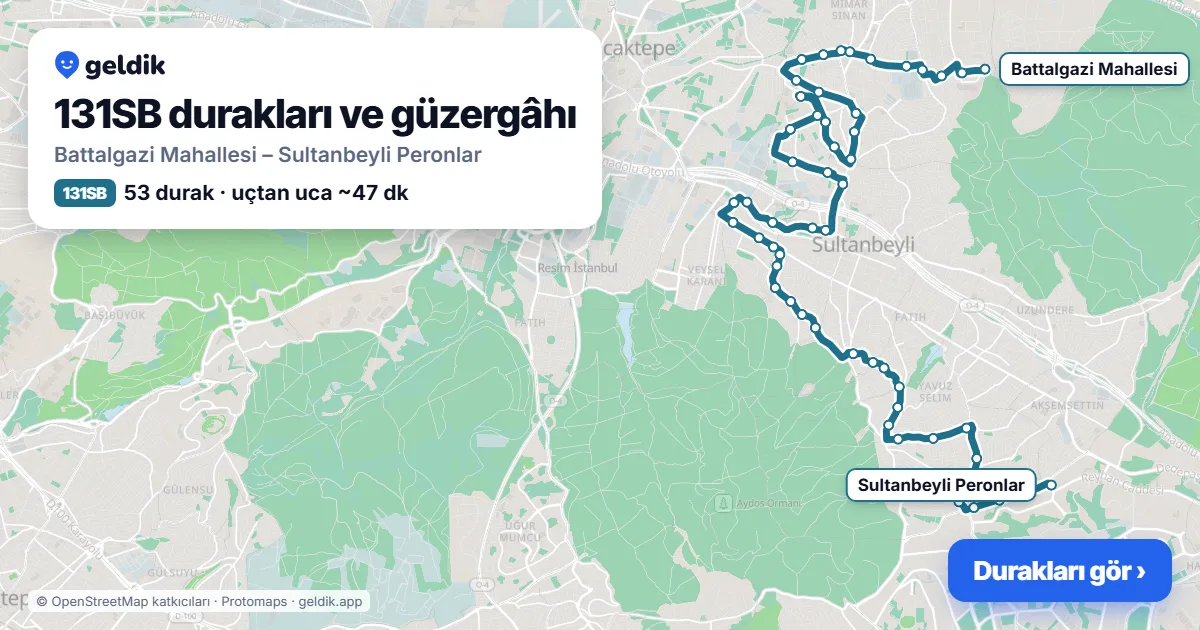 131SB otobüs güzergâhı haritası: Battalgazi Mahallesi – Sultanbeyli Peronlar, 53 durak