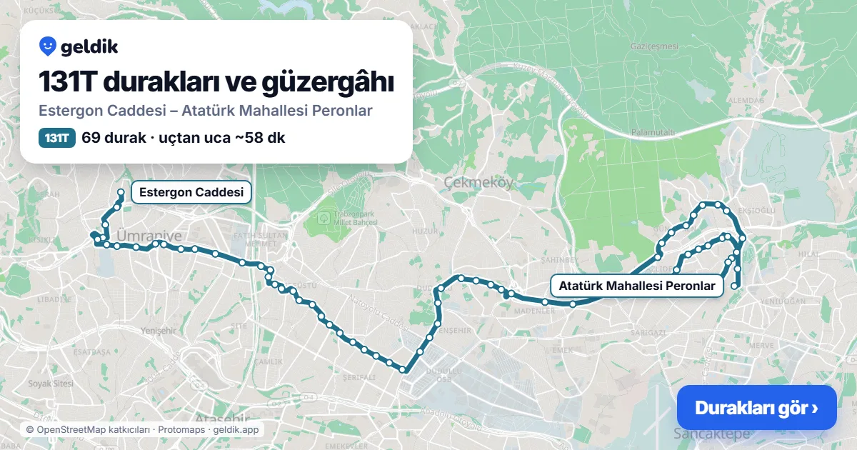131T otobüs güzergâhı haritası: Estergon Caddesi – Atatürk Mahallesi Peronlar, 69 durak