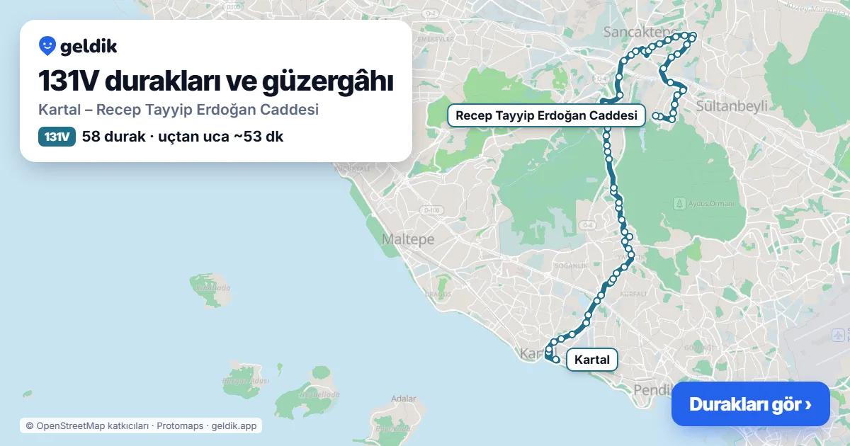 131V otobüs güzergâhı haritası: Kartal – Recep Tayyip Erdoğan Caddesi, 58 durak