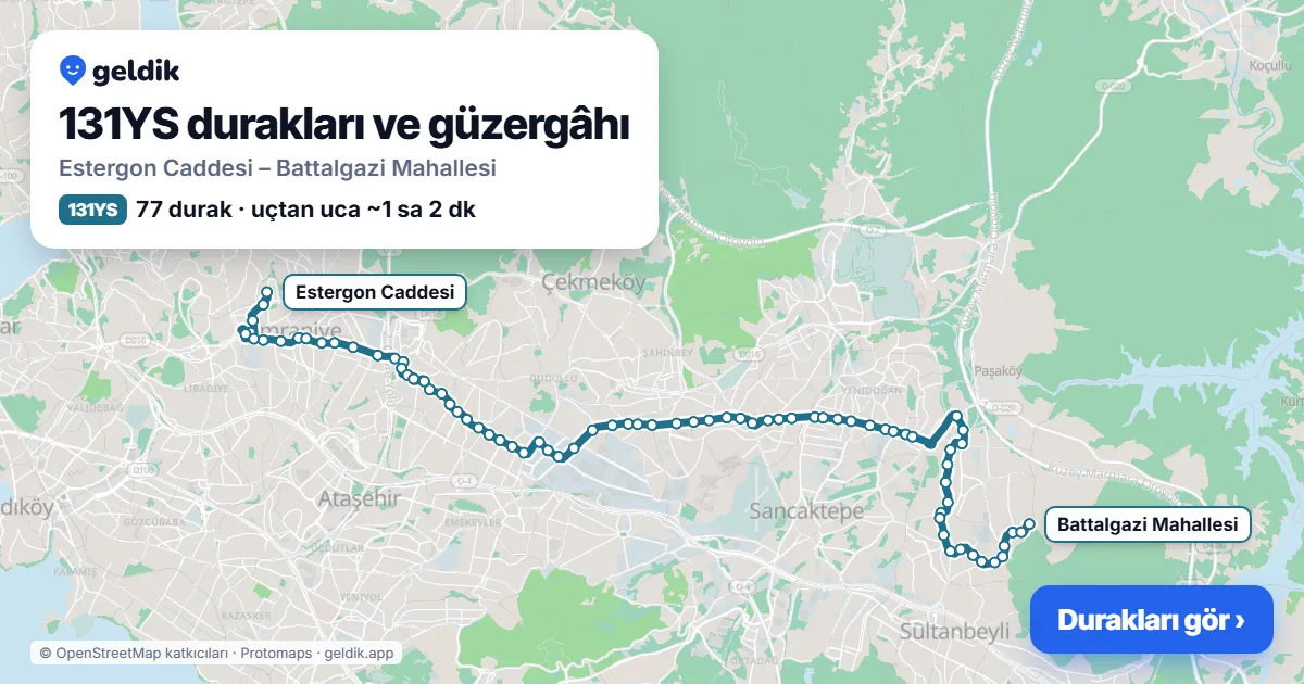 131YS otobüs güzergâhı haritası: Estergon Caddesi – Battalgazi Mahallesi, 77 durak