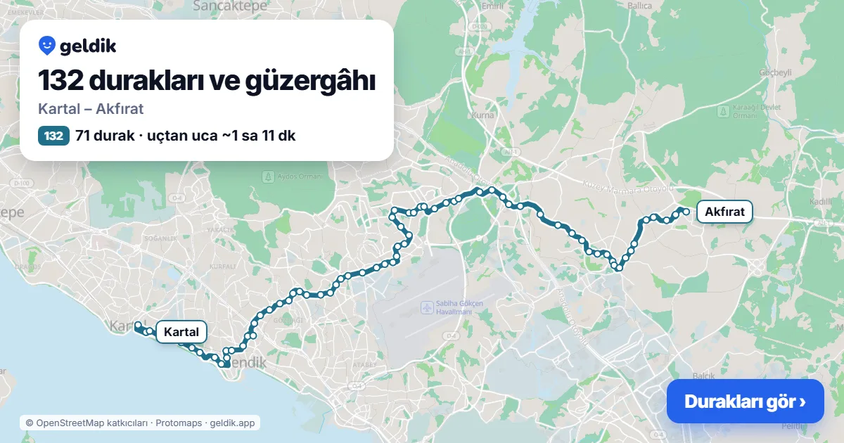 132 otobüs güzergâhı haritası: Kartal – Akfırat, 71 durak
