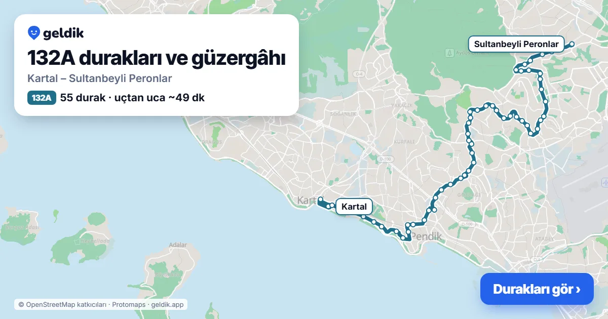 132A otobüs güzergâhı haritası: Kartal – Sultanbeyli Peronlar, 55 durak
