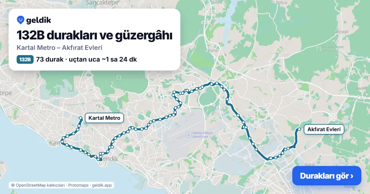 132B otobüs güzergâhı haritası: Kartal Metro – Akfırat Evleri, 73 durak