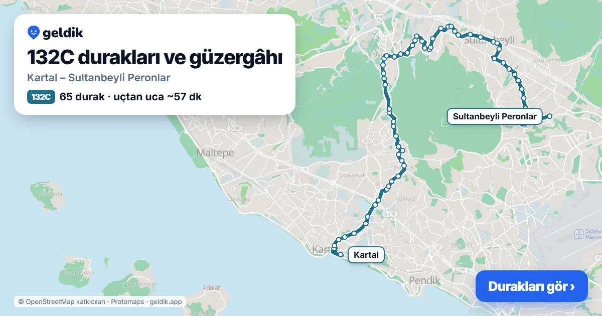 132C otobüs güzergâhı haritası: Kartal – Sultanbeyli Peronlar, 65 durak