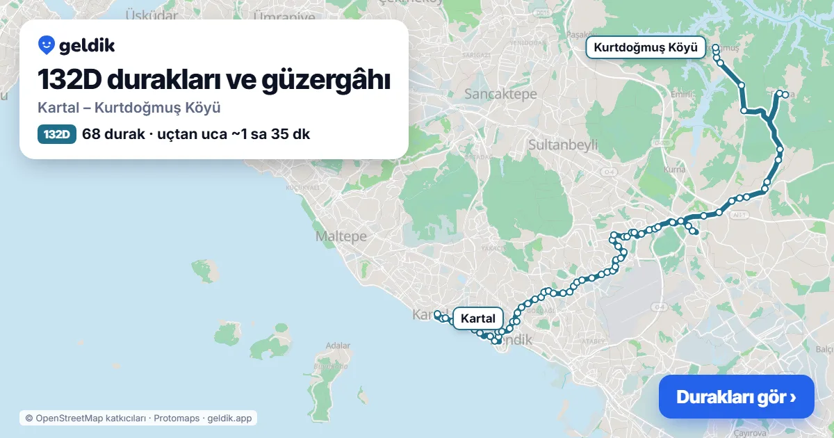132D otobüs güzergâhı haritası: Kartal – Kurtdoğmuş Köyü, 68 durak