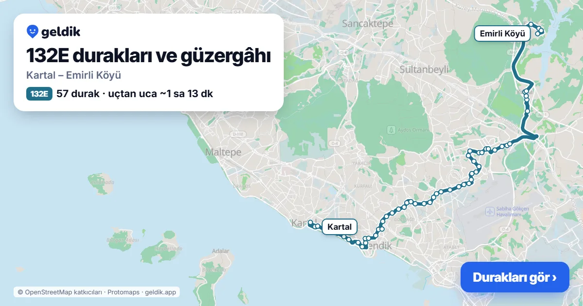 132E otobüs güzergâhı haritası: Kartal – Emirli Köyü, 57 durak