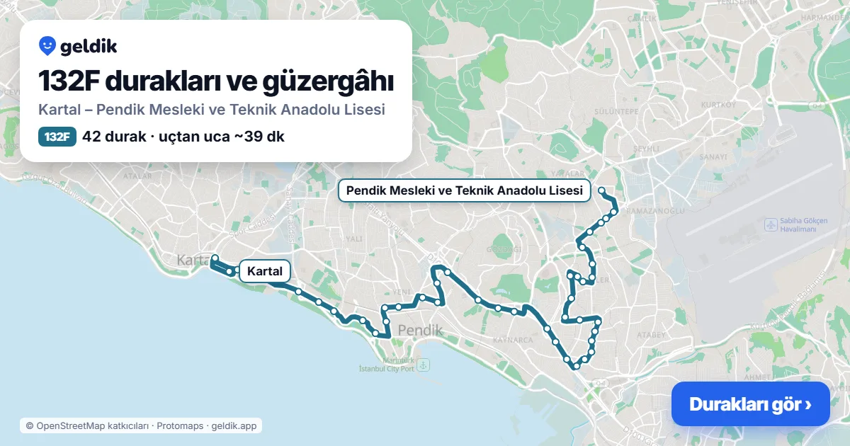 132F bus route map: Kartal – Pendik Mesleki ve Teknik Anadolu Lisesi, 42 stops