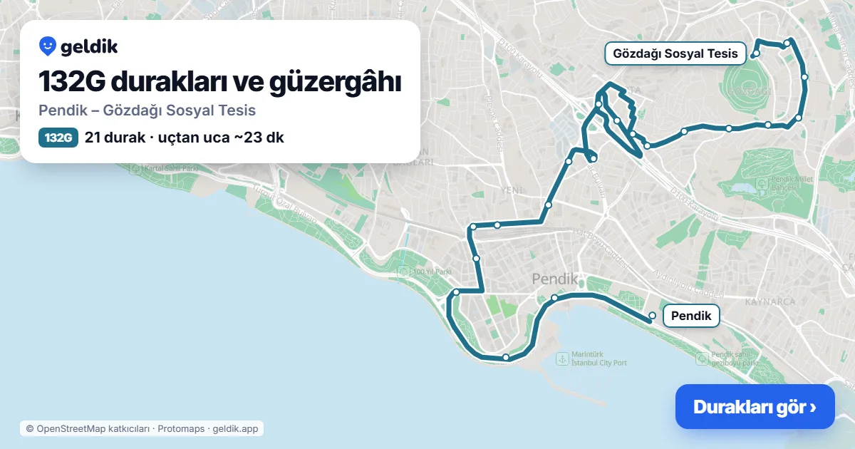 132G otobüs güzergâhı haritası: Pendik – Gözdağı Sosyal Tesis, 21 durak