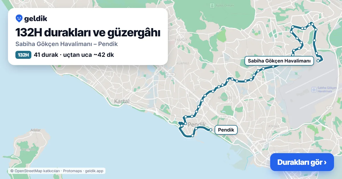 132H otobüs güzergâhı haritası: Sabiha Gökçen Havalimanı – Pendik, 41 durak