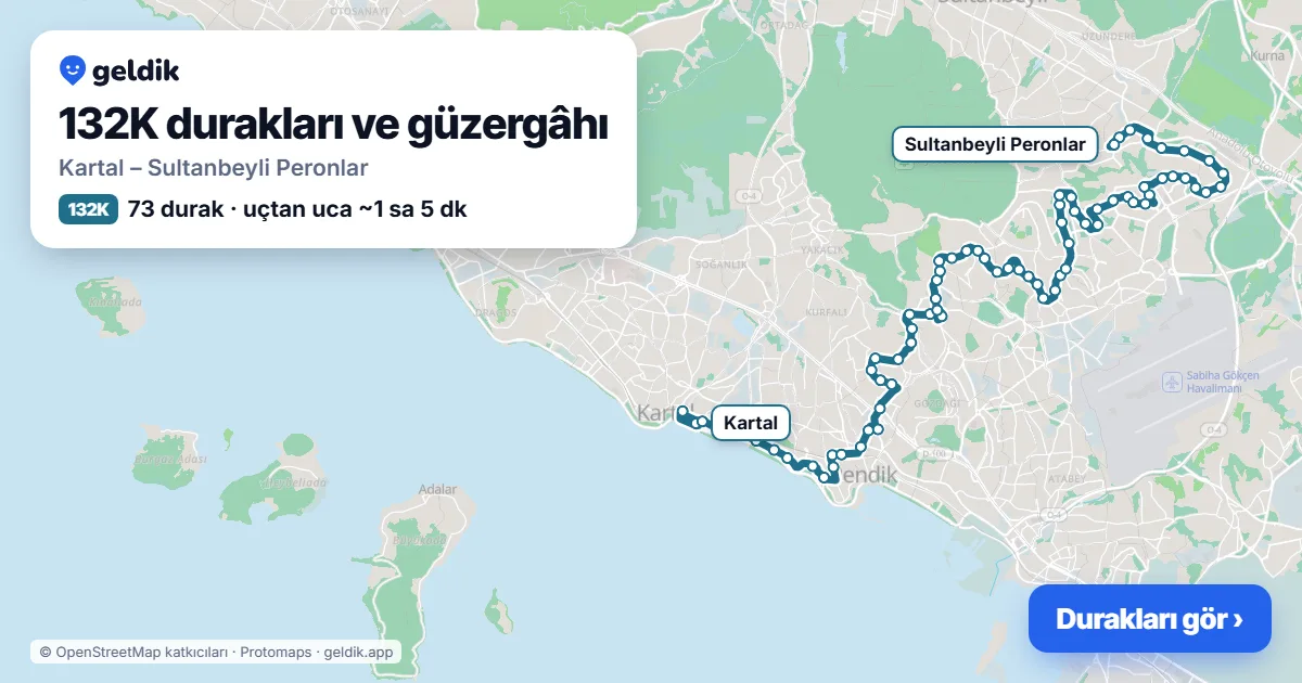 132K otobüs güzergâhı haritası: Kartal – Sultanbeyli Peronlar, 73 durak