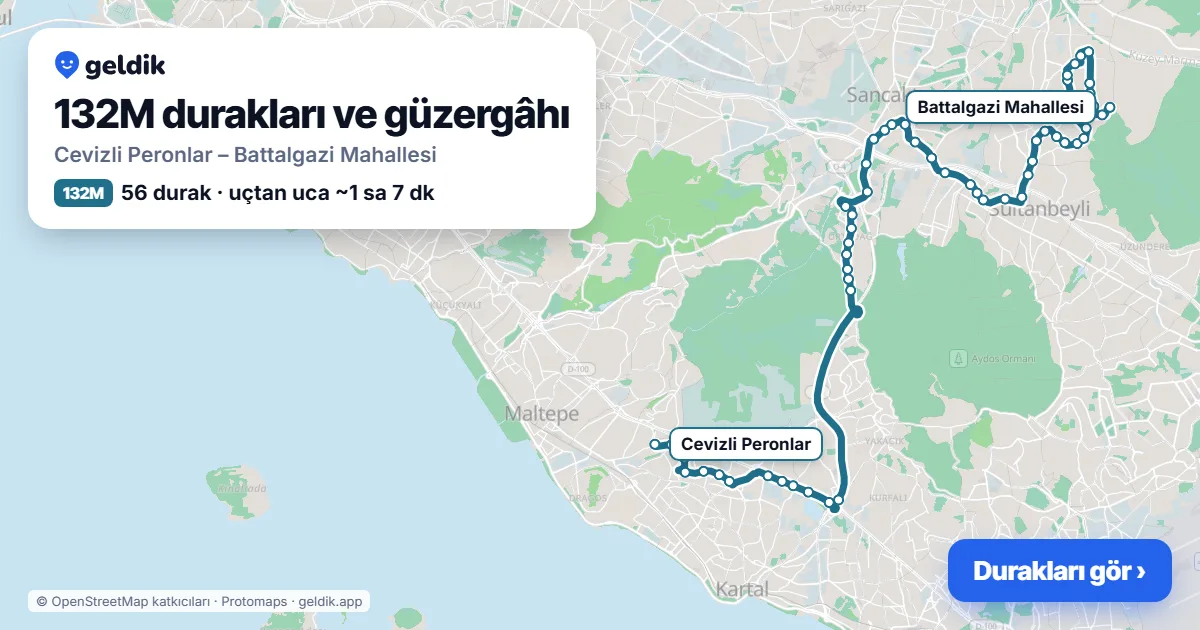 132M otobüs güzergâhı haritası: Cevizli Peronlar – Battalgazi Mahallesi, 56 durak