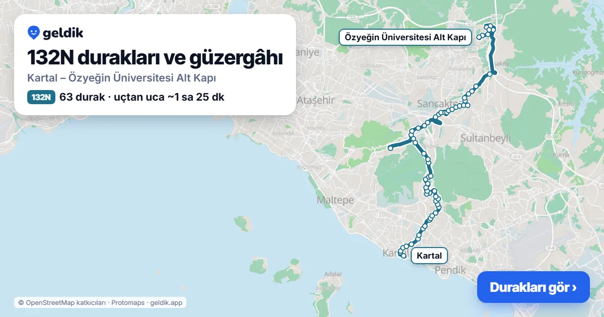 132N otobüs güzergâhı haritası: Kartal – Özyeğin Üniversitesi Alt Kapı, 63 durak