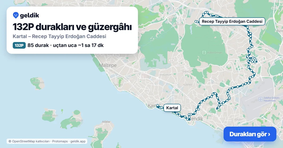 132P otobüs güzergâhı haritası: Kartal – Recep Tayyip Erdoğan Caddesi, 85 durak