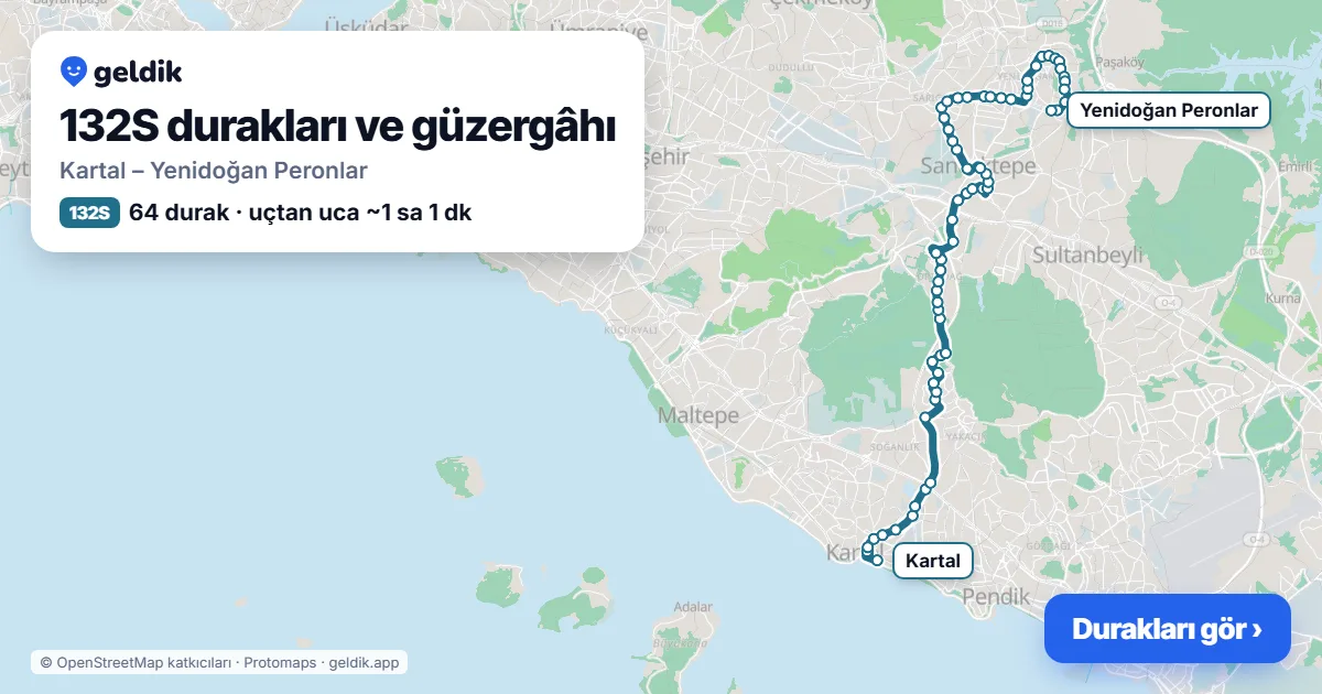 132S otobüs güzergâhı haritası: Kartal – Yenidoğan Peronlar, 64 durak