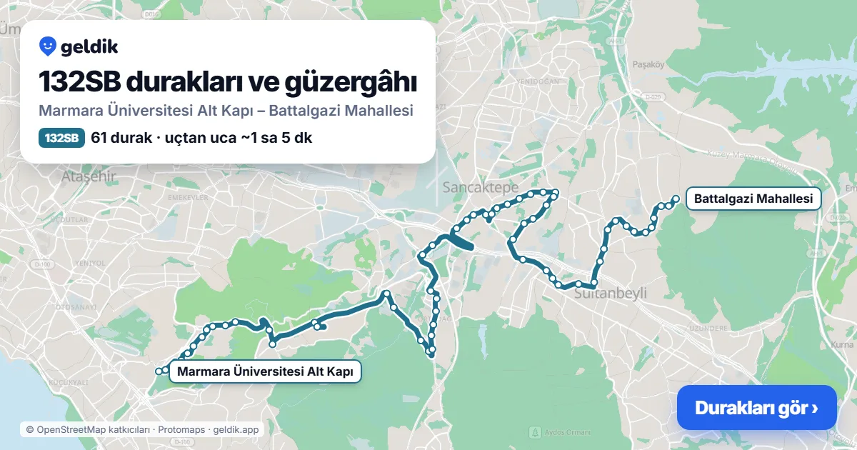 132SB otobüs güzergâhı haritası: Marmara Üniversitesi Alt Kapı – Battalgazi Mahallesi, 61 durak