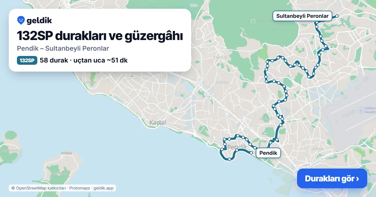 132SP otobüs güzergâhı haritası: Pendik – Sultanbeyli Peronlar, 58 durak