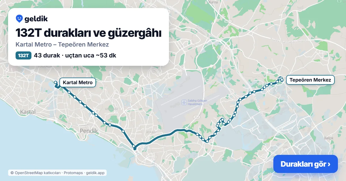 132T otobüs güzergâhı haritası: Kartal Metro – Tepeören Merkez, 43 durak