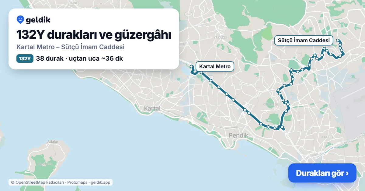 132Y otobüs güzergâhı haritası: Kartal Metro – Sütçü İmam Caddesi, 38 durak