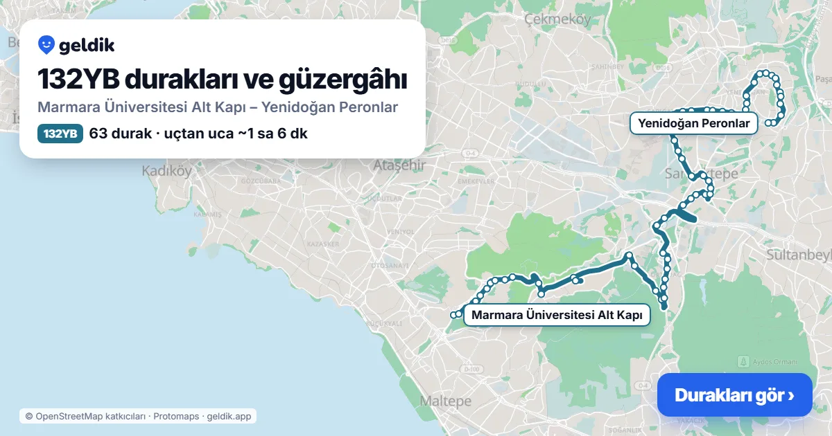 132YB otobüs güzergâhı haritası: Marmara Üniversitesi Alt Kapı – Yenidoğan Peronlar, 63 durak