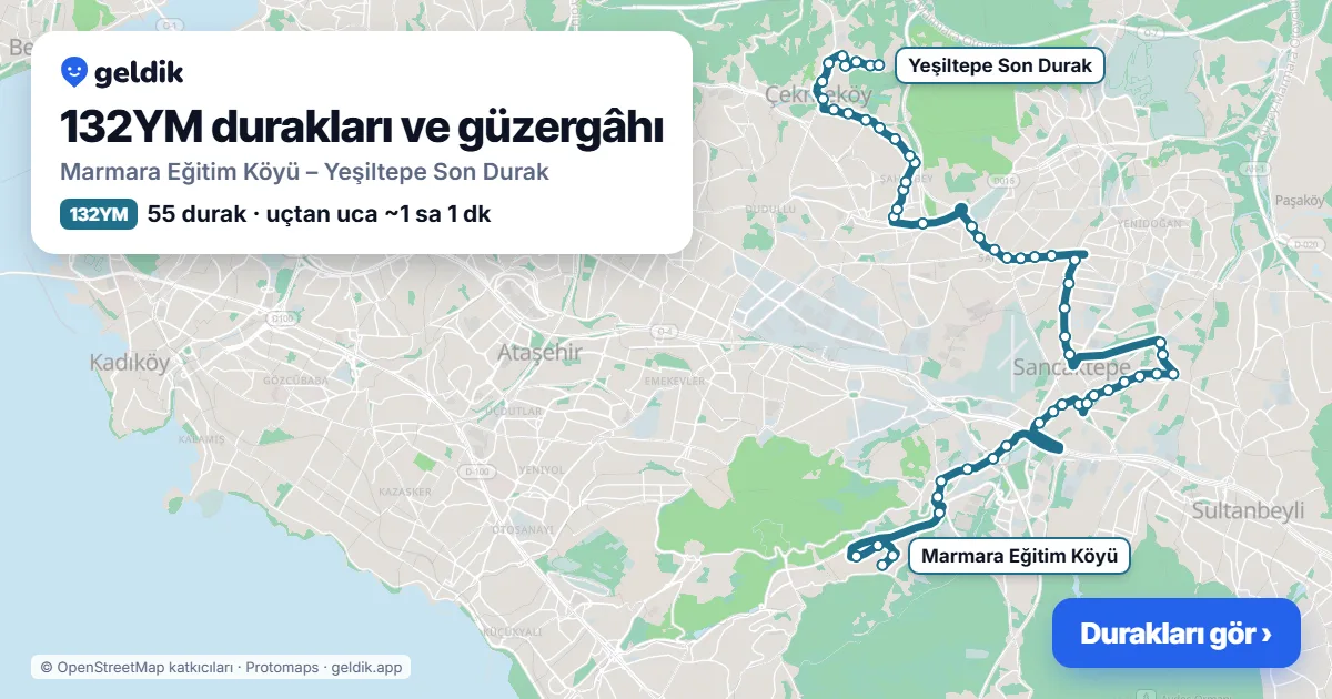 132YM otobüs güzergâhı haritası: Marmara Eğitim Köyü – Yeşiltepe Son Durak, 55 durak