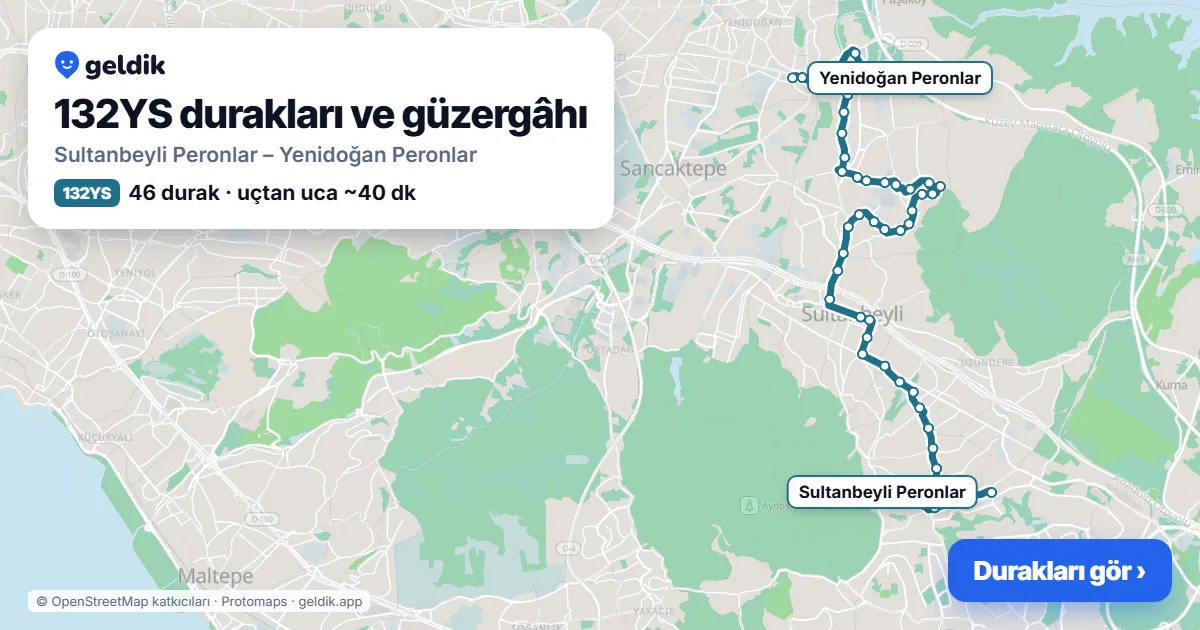 132YS otobüs güzergâhı haritası: Sultanbeyli Peronlar – Yenidoğan Peronlar, 46 durak