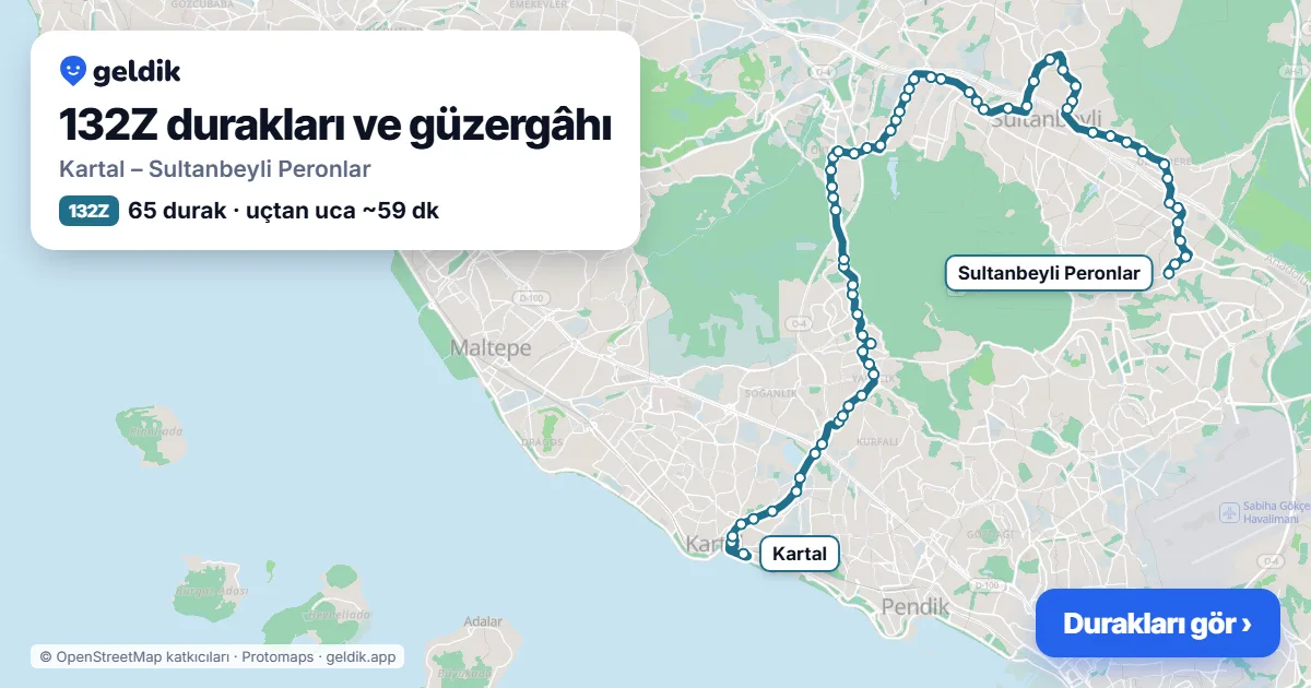 132Z otobüs güzergâhı haritası: Kartal – Sultanbeyli Peronlar, 65 durak